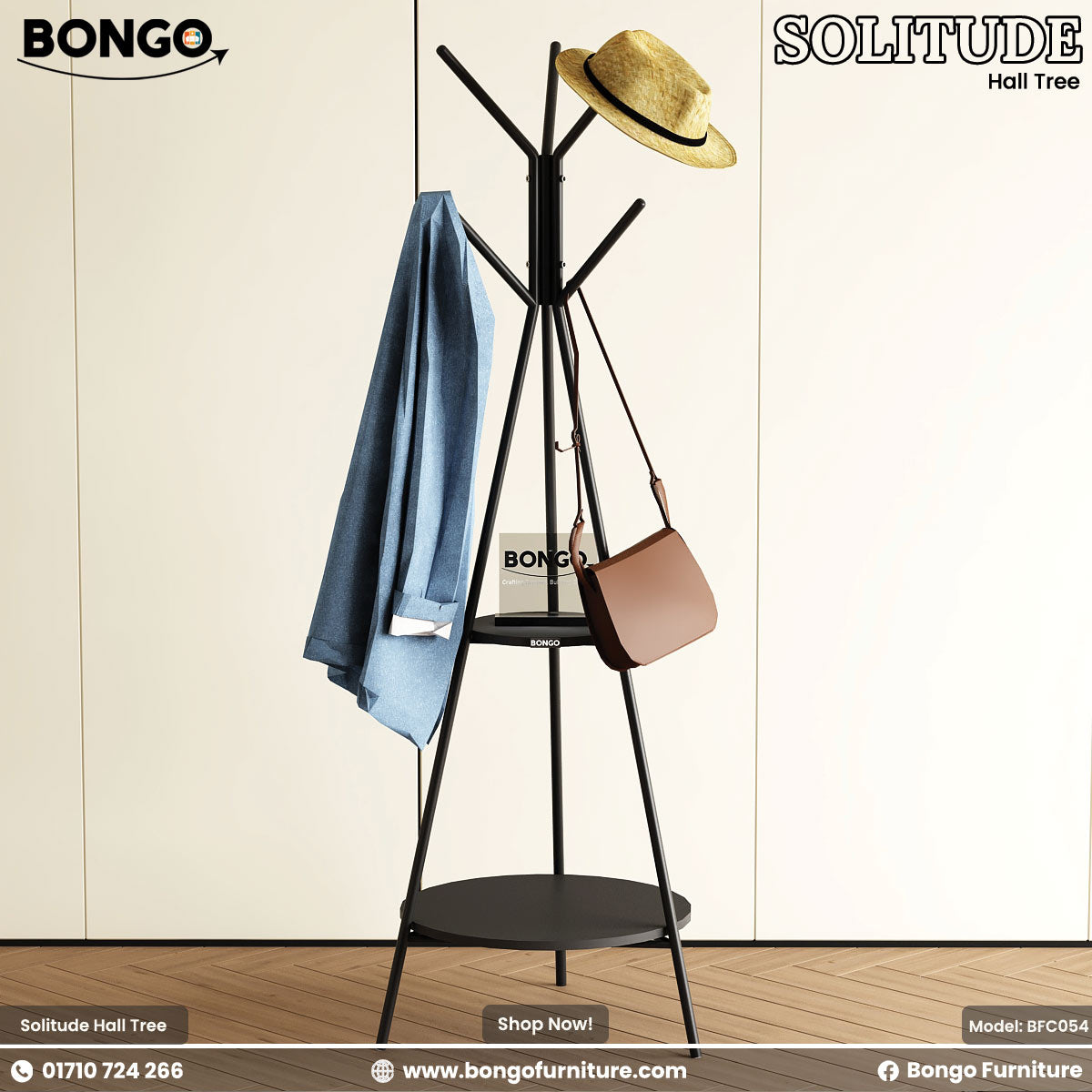 Black hall tree with clothes and a hat, branded 'Bongo', on a light background.