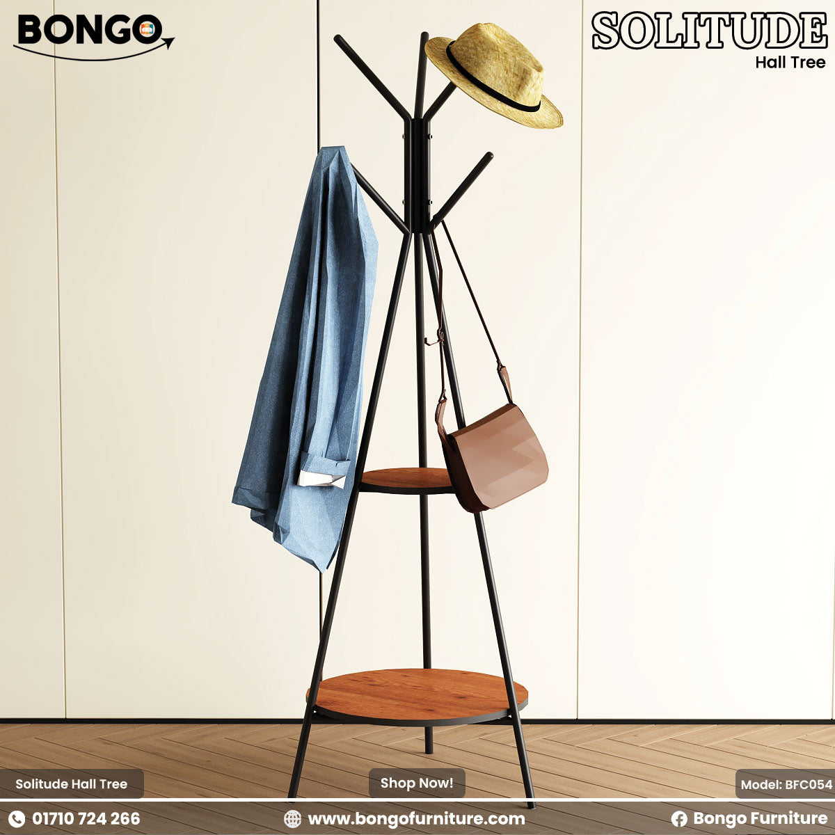 Coat rack with a hat, bag, and jacket against a white wall with Bongo Furniture branding.