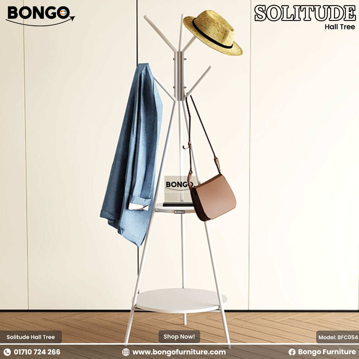 Hanger with clothes and a hat on a white background, featuring Bongo Furniture branding.