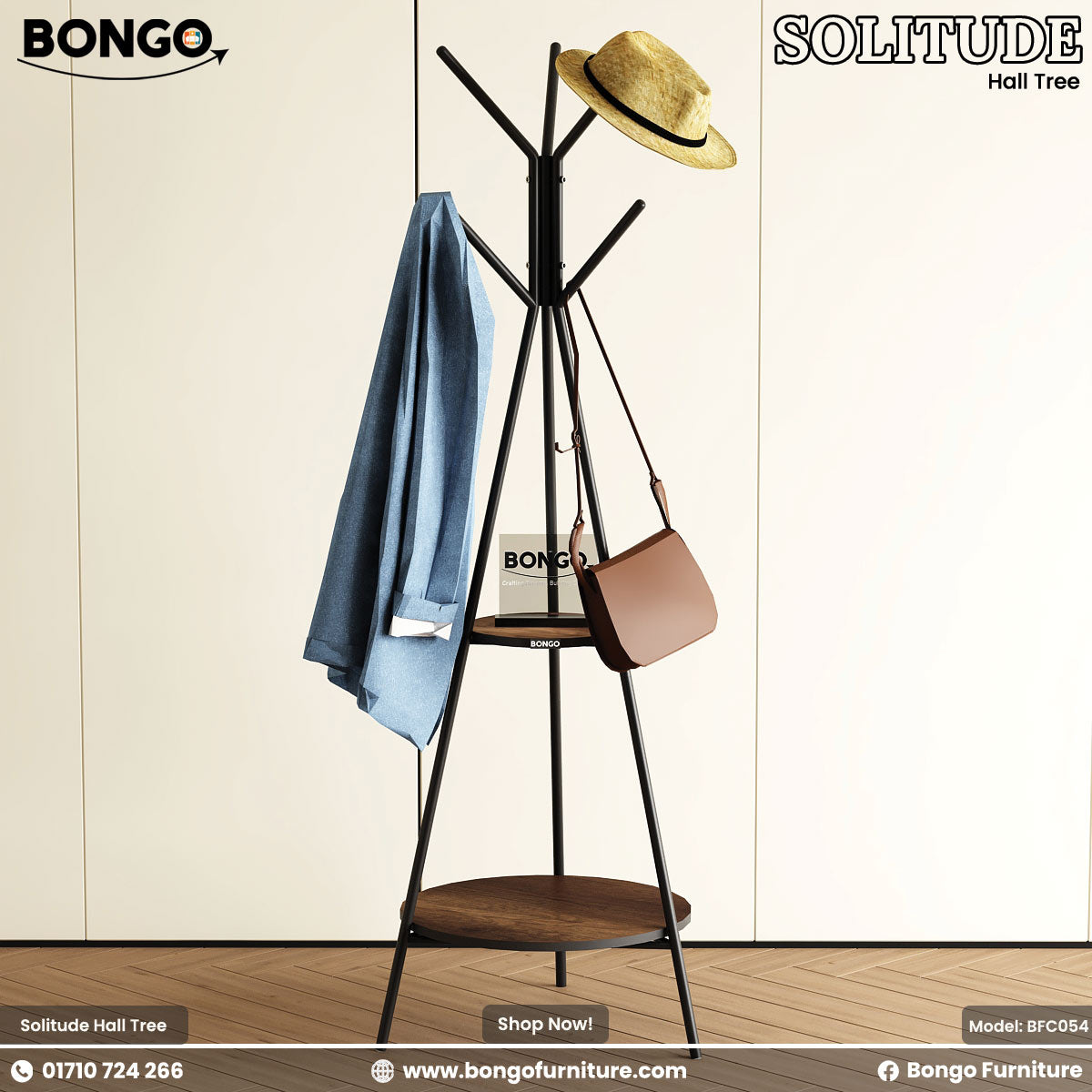 Coat rack with a hat, bag, and jacket against a white wall, branded 'Bongo'.