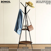 Coat rack with a hat, bag, and jacket against a white wall, branded 'Bongo'.