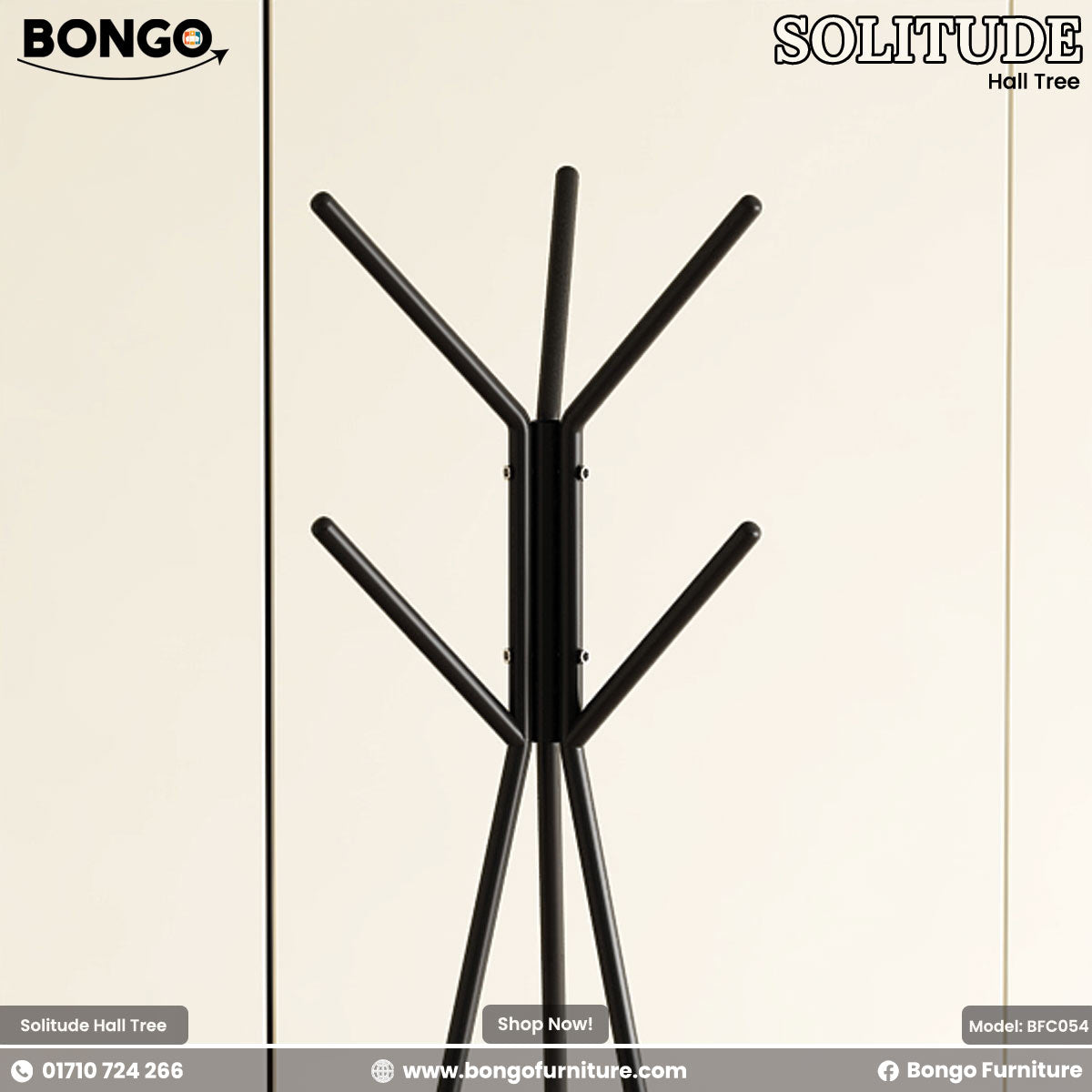 Black hall tree with multiple hooks on a beige background, featuring Bongo Furniture branding.
