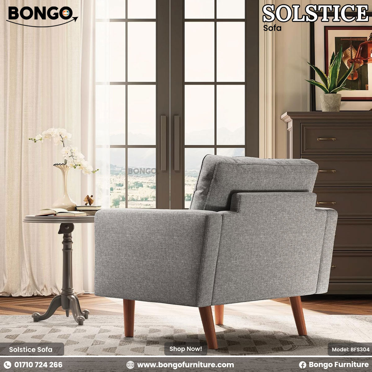 Gray sofa in a living room setting with Bongo Furniture branding.