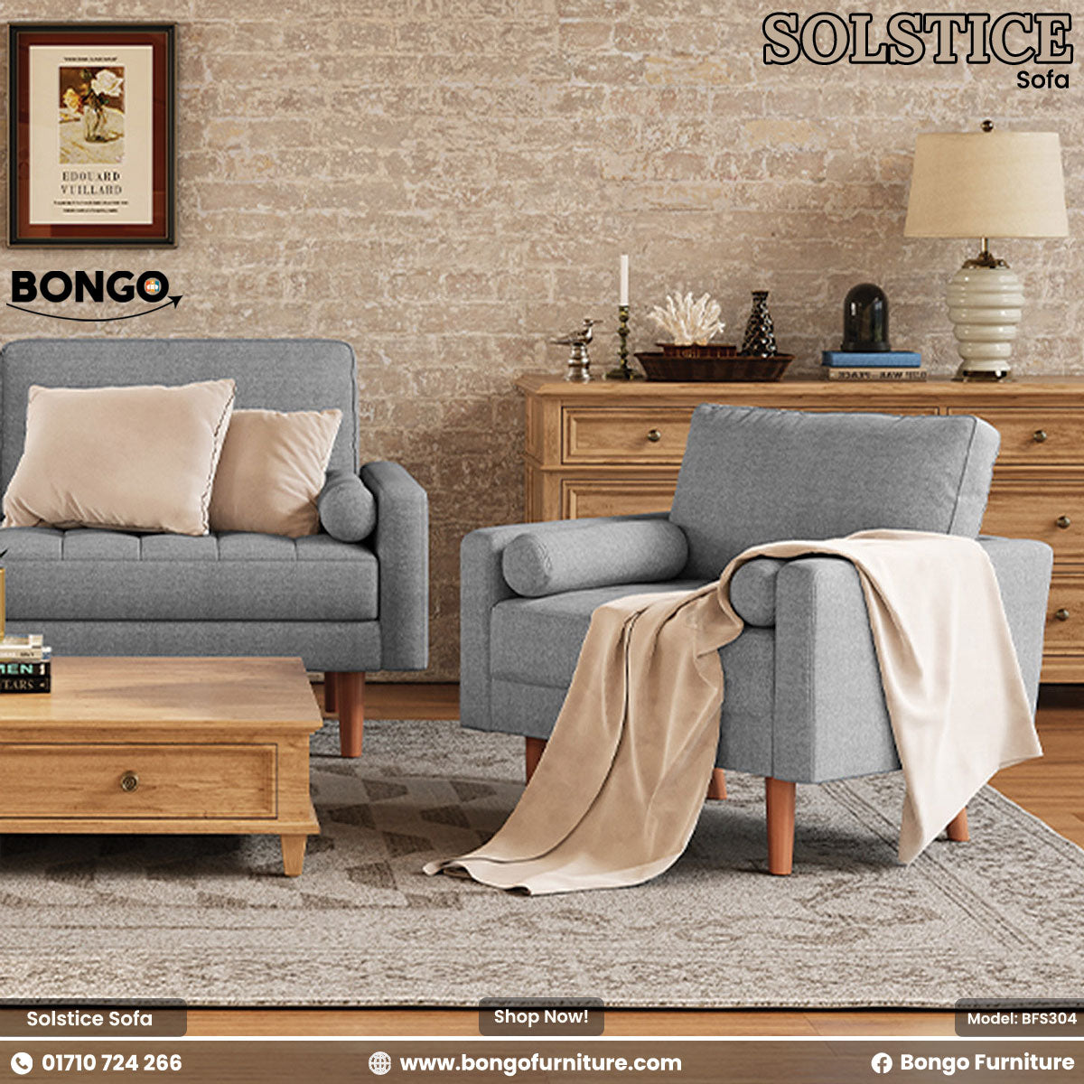Gray sofa and armchair set in a living room with wooden coffee table and sideboard, featuring Bongo Furniture branding.
