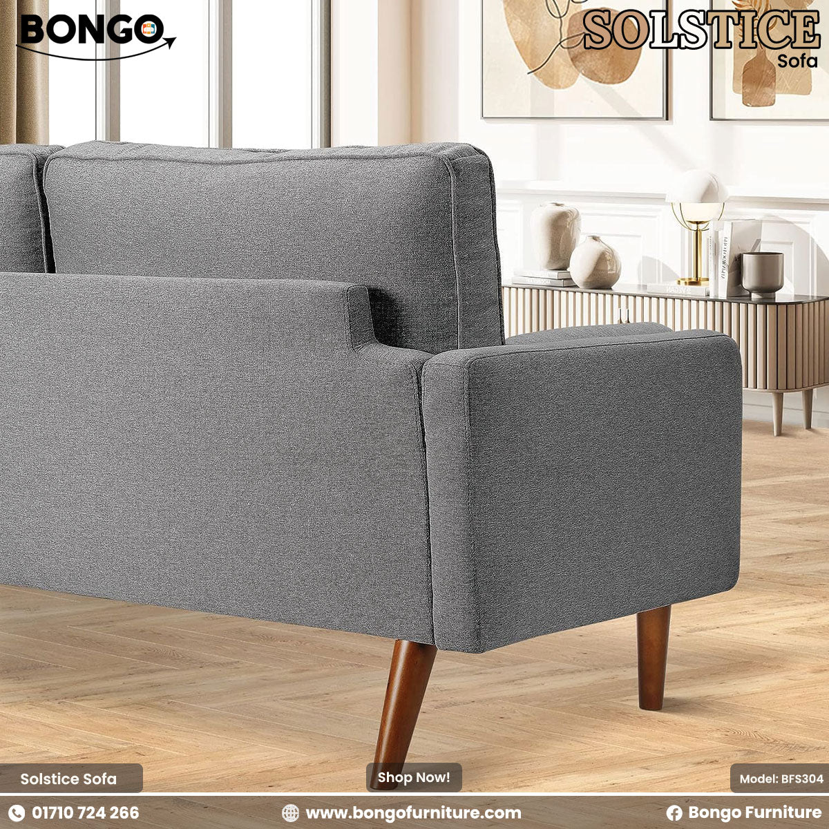 Gray sofa with wooden legs in a living room setting, featuring Bongo Furniture branding.