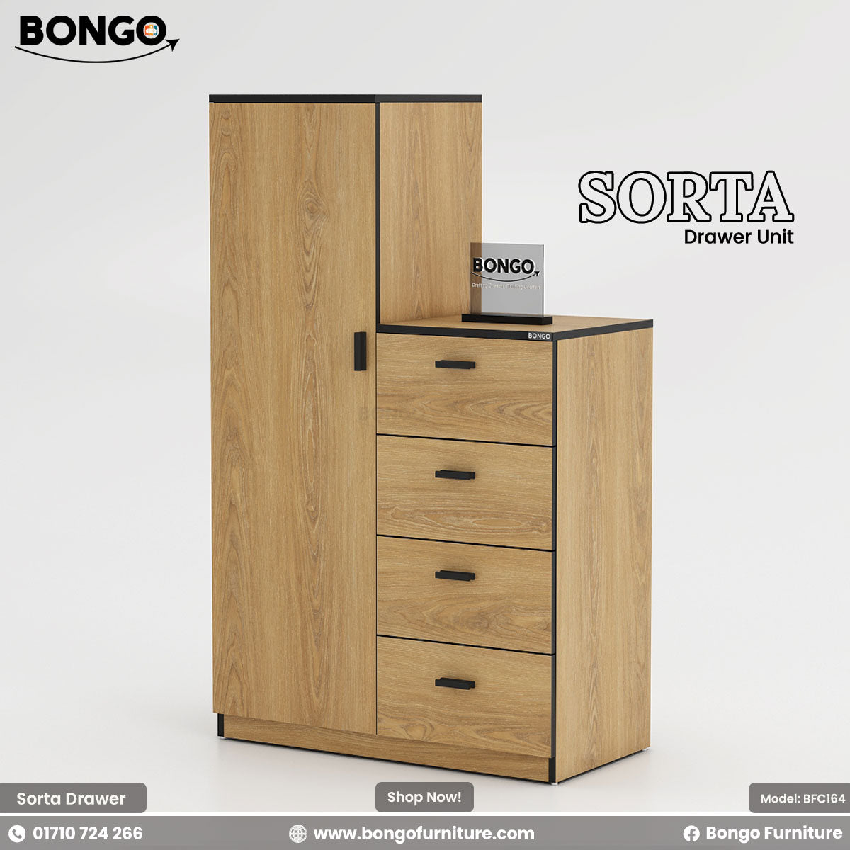 Red Oak Black Edging drawer unit with Bongo branding on a white background
