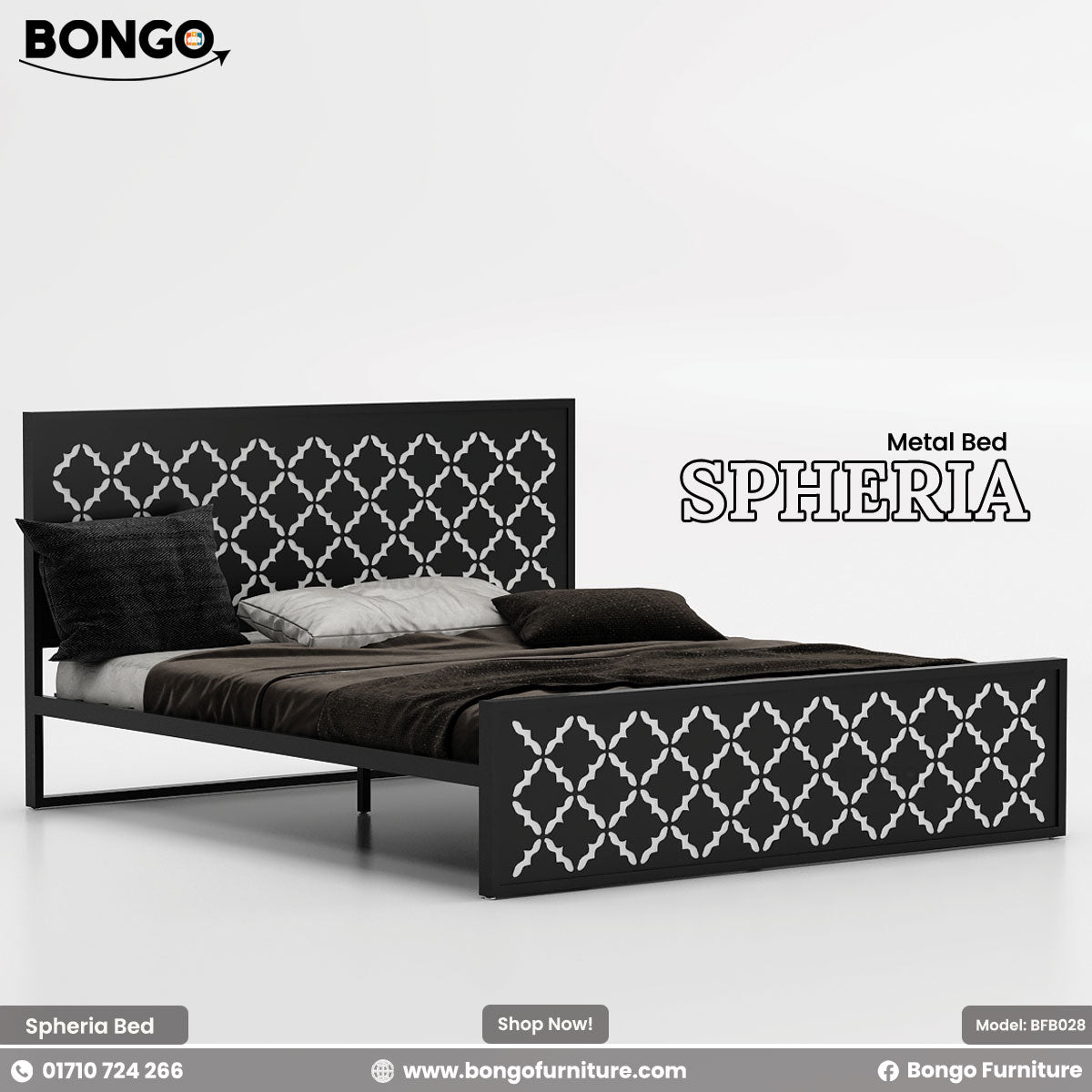 A product photo of the "SPHERIA Metal Bed," model BFB028, from Bongo Furniture. The slate grey bed is shown in a bright bedroom setting and is distinguished by the intricate, repeating quatrefoil cutout pattern on its.