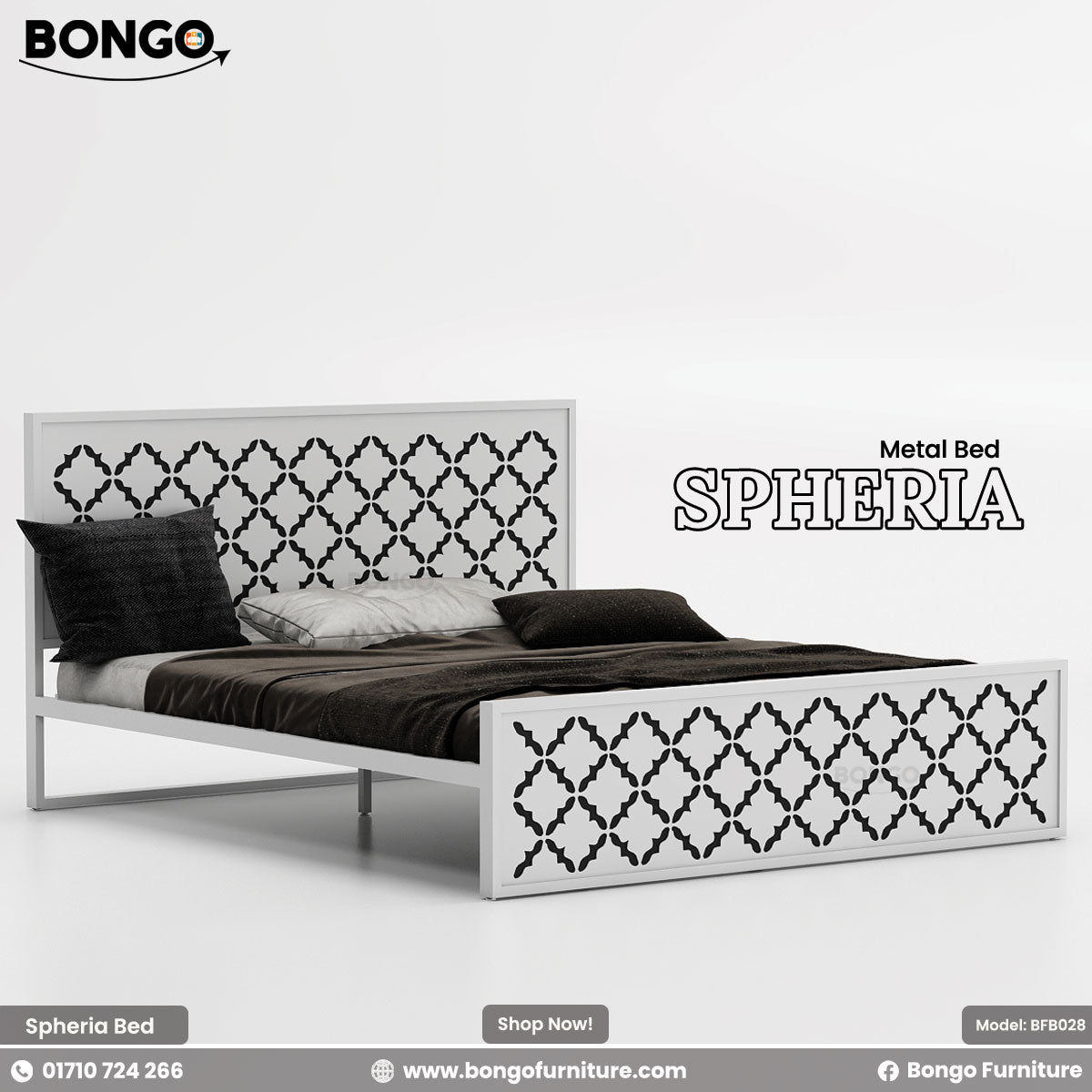 A product photo of the "SPHERIA Metal Bed," model BFB028, from Bongo Furniture. The slate grey bed is shown in a bright bedroom setting and is distinguished by the intricate, repeating quatrefoil cutout pattern on its.