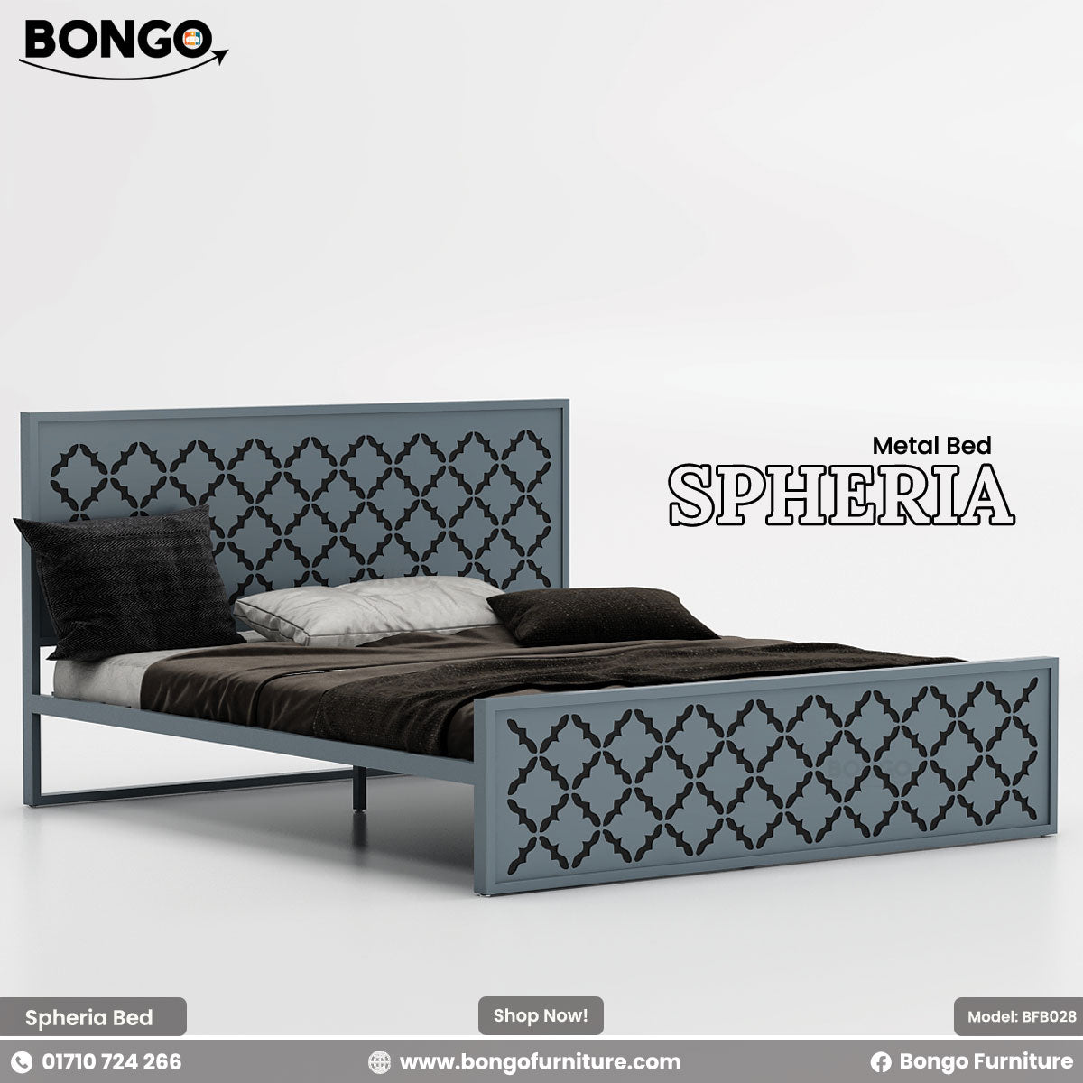 A product photo of the "SPHERIA Metal Bed," model BFB028, from Bongo Furniture. The slate grey bed is shown in a bright bedroom setting and is distinguished by the intricate, repeating quatrefoil cutout pattern on its.
