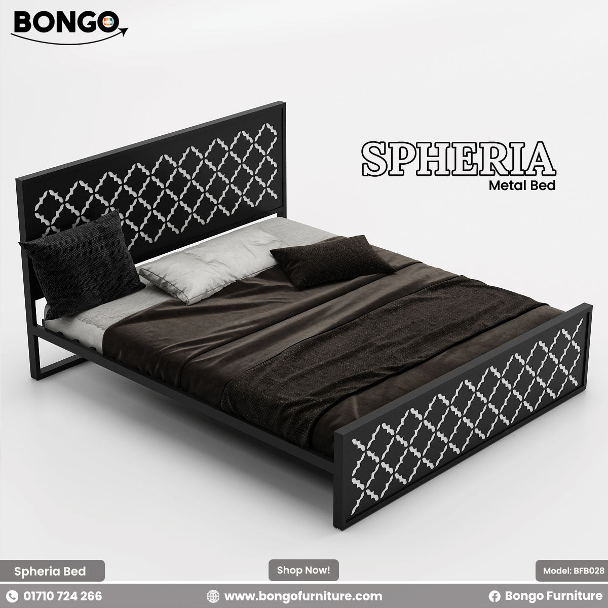 A product photo of the "SPHERIA Metal Bed," model BFB028, from Bongo Furniture. The slate grey bed is shown in a bright bedroom setting and is distinguished by the intricate, repeating quatrefoil cutout pattern on its.