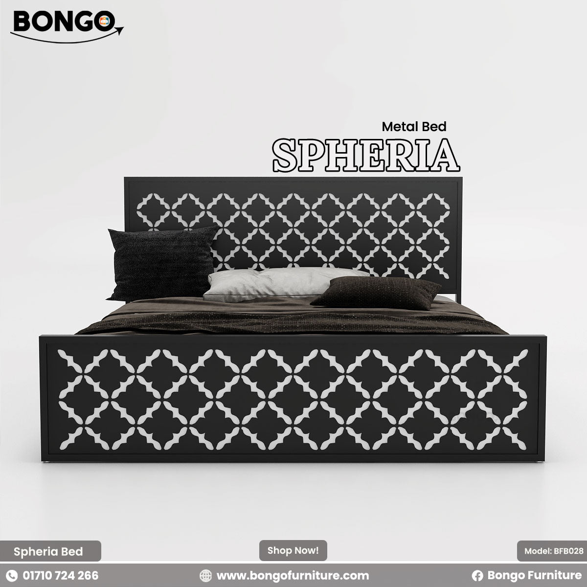 A product photo of the "SPHERIA Metal Bed," model BFB028, from Bongo Furniture. The slate grey bed is shown in a bright bedroom setting and is distinguished by the intricate, repeating quatrefoil cutout pattern on its.