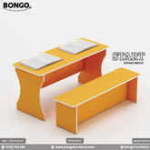 An image showing a yellow and white school bench labeled 'START' with a book on top. The bench has a sleek design with a laminated finish and PVC edging.