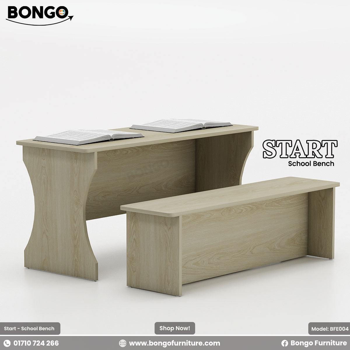 An image showing a Albino school bench labeled 'START' with a book on top. The bench has a sleek design with a laminated finish and PVC edging.