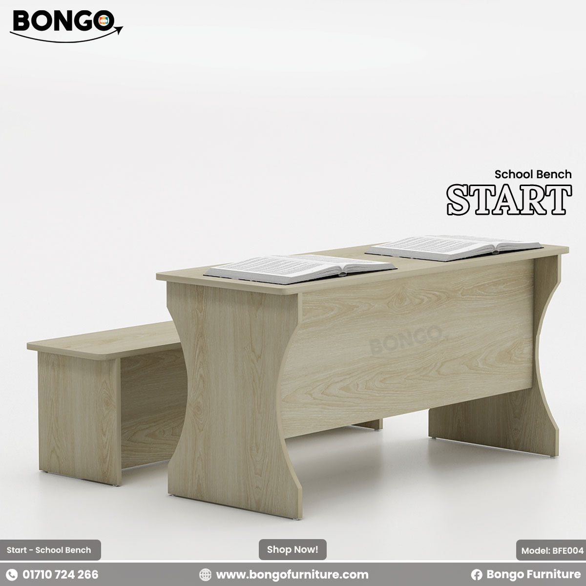 An image showing a Albino school bench labeled 'START' with a book on top. The bench has a sleek design with a laminated finish and PVC edging.