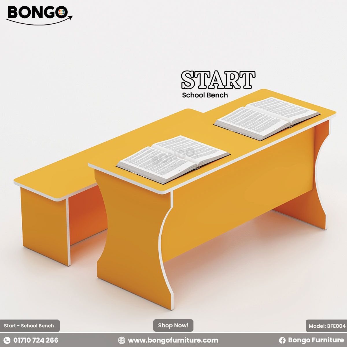 An image showing a yellow and white school bench labeled 'START' with a book on top. The bench has a sleek design with a laminated finish and PVC edging.