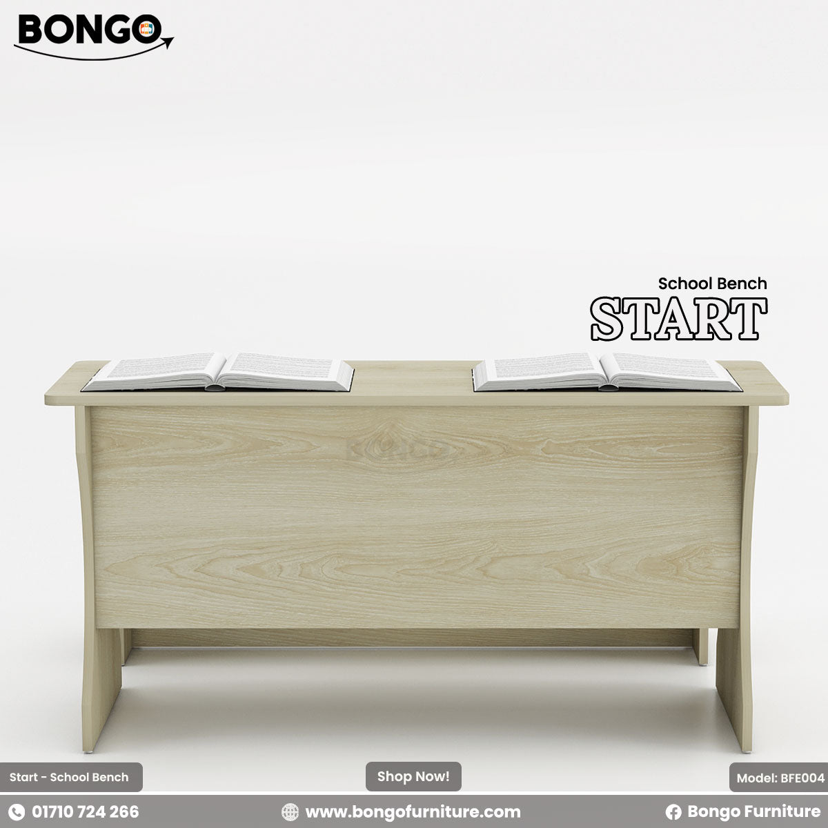 An image showing a Albino school bench labeled 'START' with a book on top. The bench has a sleek design with a laminated finish and PVC edging.