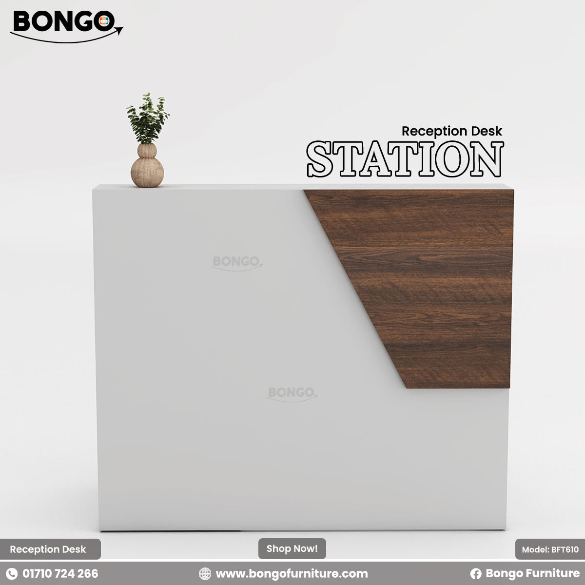 Reception desk station with White-and Antic design, Bongo Furniture branding.