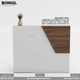 Reception desk station with White-and Antic design, Bongo Furniture branding.
