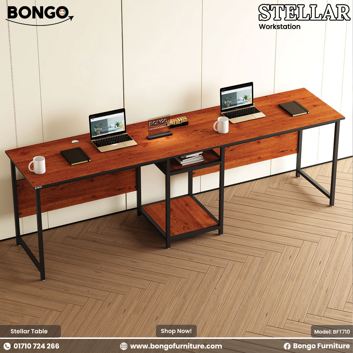 Water Resistant Strong Laminated Board desk with two laptops, a mug, and other items on a wooden floor with Bongo Furniture branding.