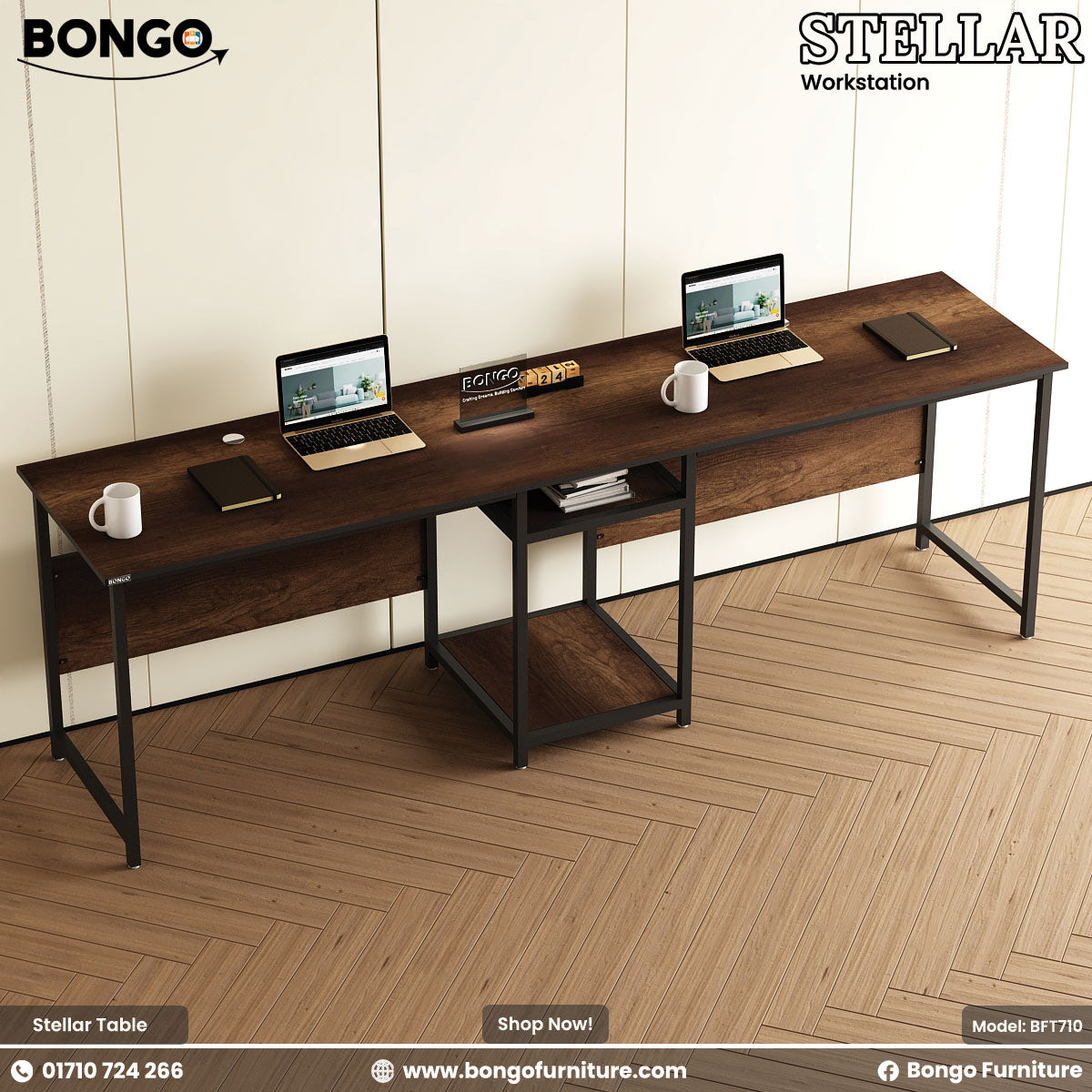 Water Resistant Strong Laminated Board desk with two laptops on a wooden floor, featuring Bongo Furniture branding.