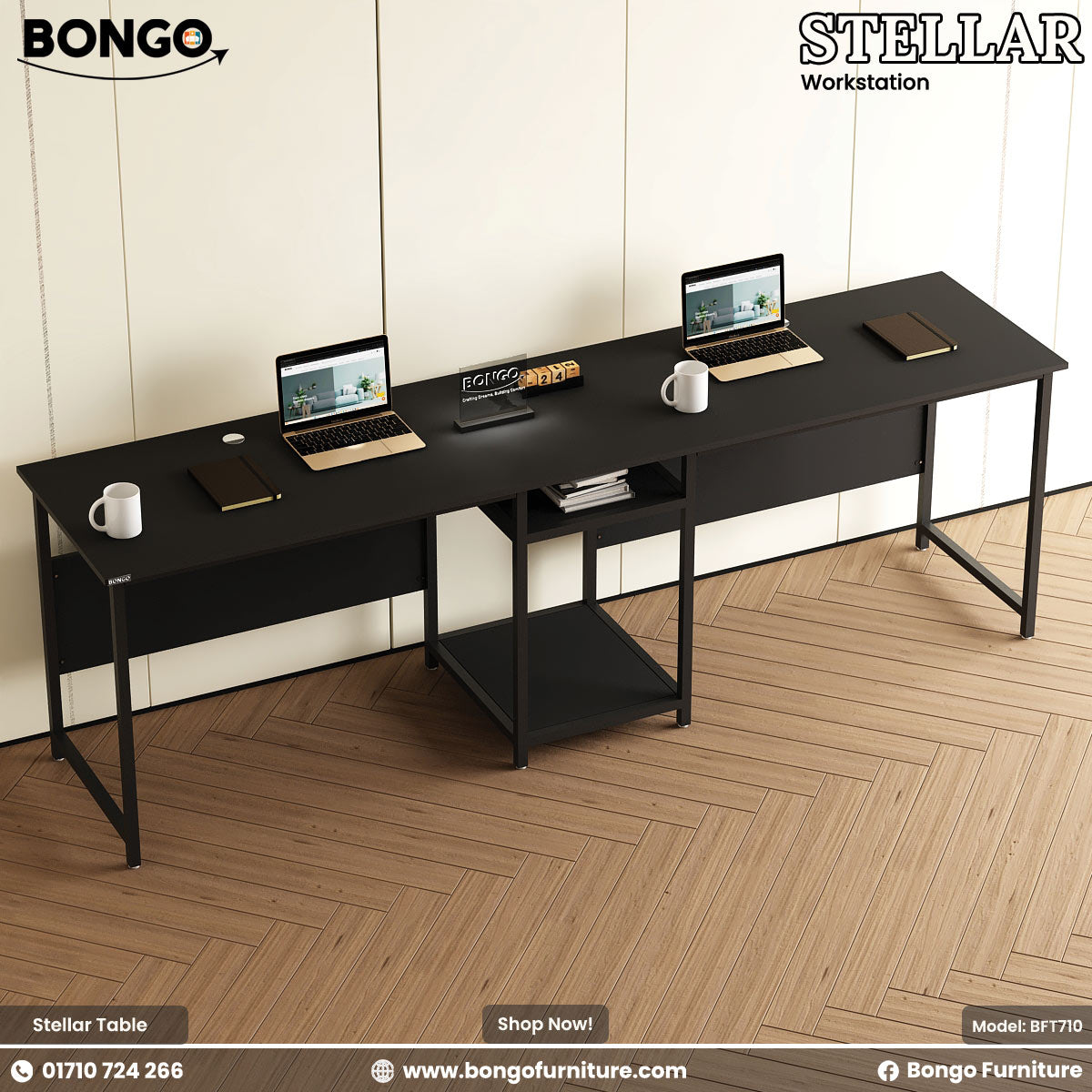 Black office desk with two laptops and a mug on a Water Resistant Strong Laminated Board floor, featuring Bongo Furniture branding.
