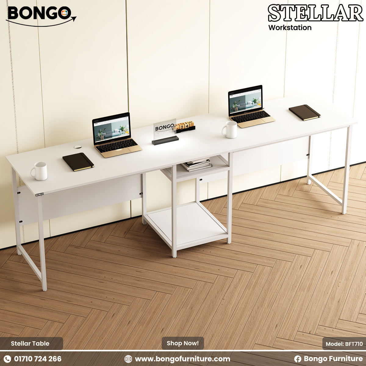 White office desk with laptops and accessories in a room with wooden flooring and white walls.