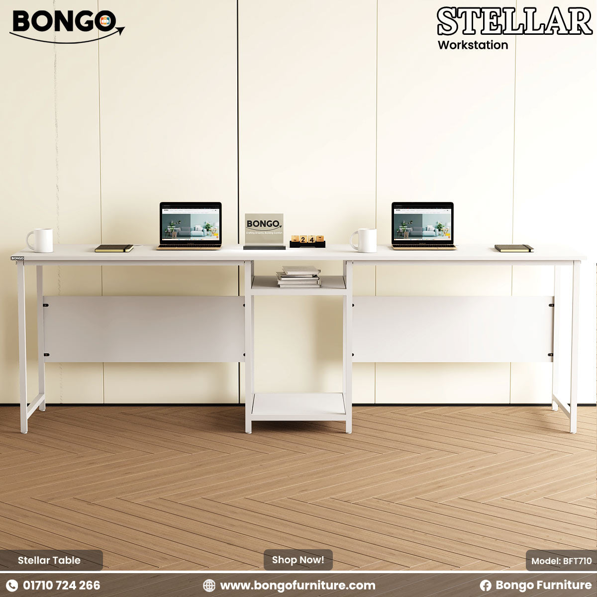 White L-shaped desk with computer setup on a Water Resistant Strong Laminated Board floor, Bongo Furniture branding visible.