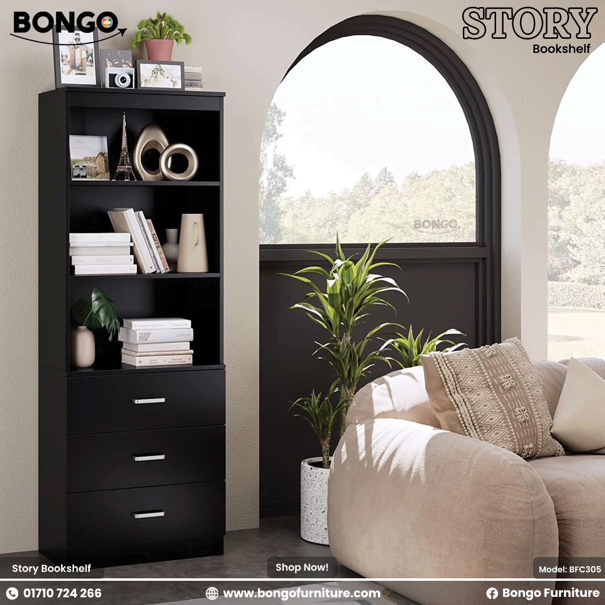A promotional image of the "STORY Bookshelf" by Bongo, a tall and narrow modern storage unit finished in solid black. The bottom half of the unit consists of three drawers with sleek, horizontal silver handles. The top half features four open shelves, which are styled with books, a miniature Eiffel Tower, vases, and other decorative objects. The bookshelf is set against a plain, light grey background.