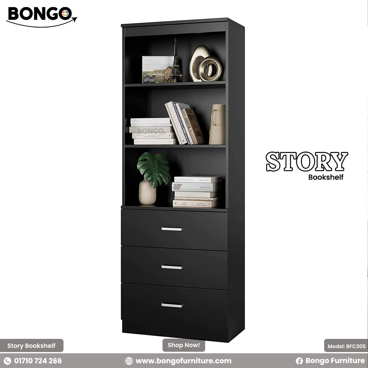 A promotional image of the "STORY Bookshelf" by Bongo, a tall and narrow modern storage unit finished in solid black. The bottom half of the unit consists of three drawers with sleek, horizontal silver handles. The top half features four open shelves, which are styled with books, a miniature Eiffel Tower, vases, and other decorative objects. The bookshelf is set against a plain, light grey background.