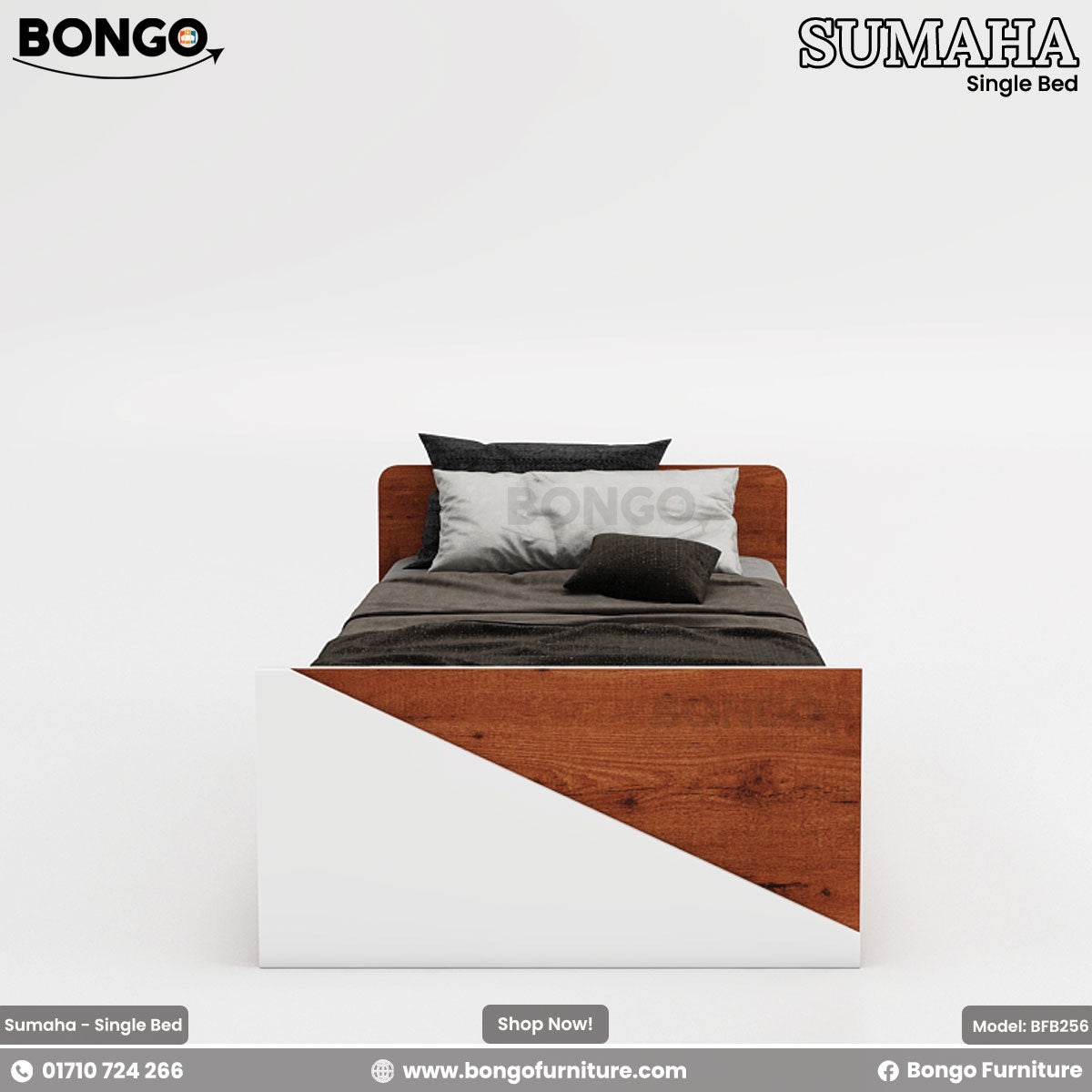 A single bed with brown Water Resistant Strong Laminated Board headboard and footboard, featuring a white mattress and bedding, placed against a wall with a decorative poster.