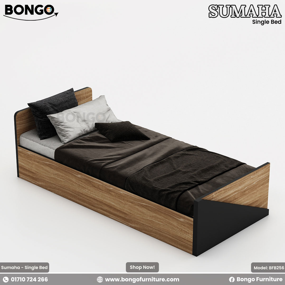 A single bed with brown Water Resistant Strong Laminated Board headboard and footboard, featuring a white mattress and bedding, placed against a wall with a decorative poster.