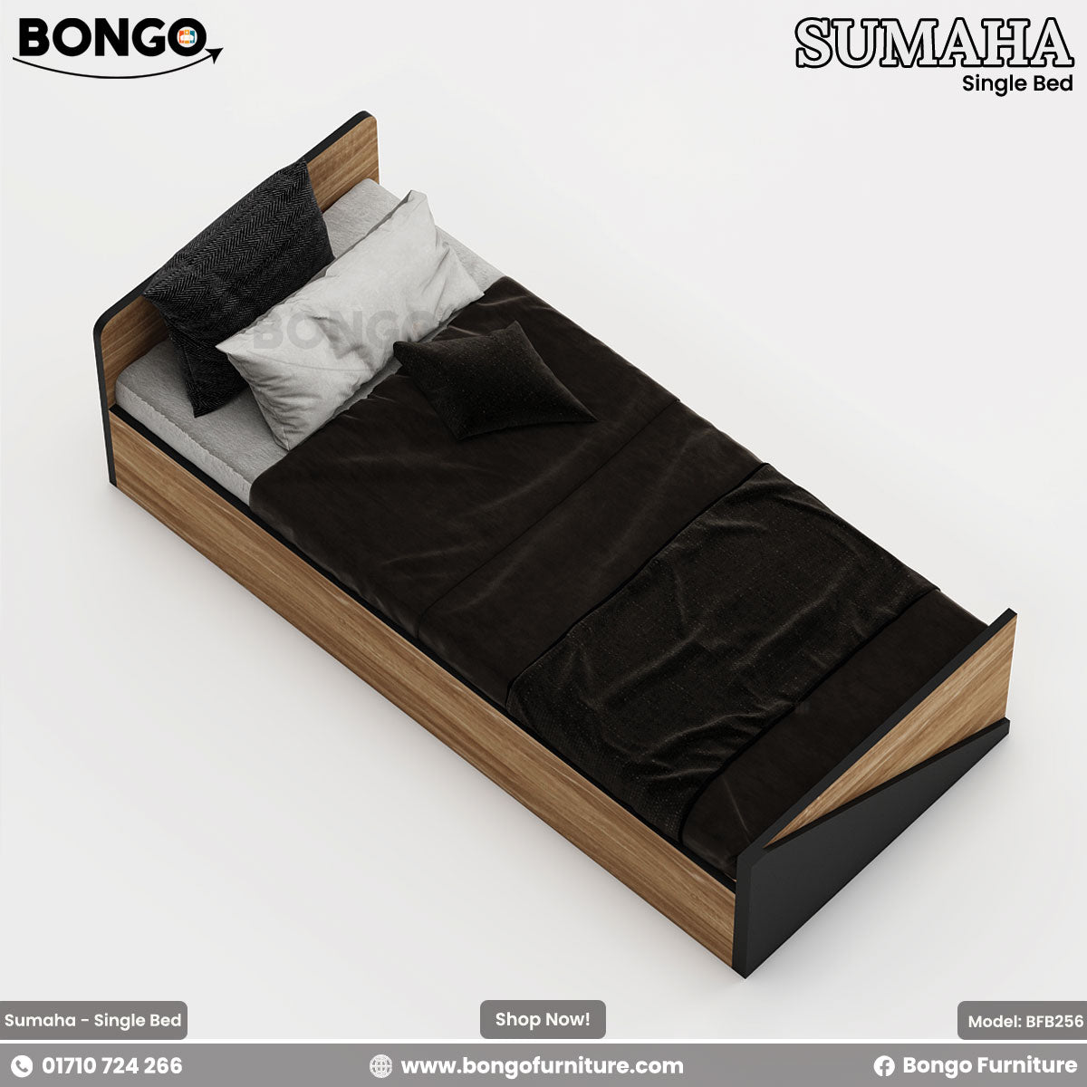 A single bed with brown Water Resistant Strong Laminated Board headboard and footboard, featuring a white mattress and bedding, placed against a wall with a decorative poster.