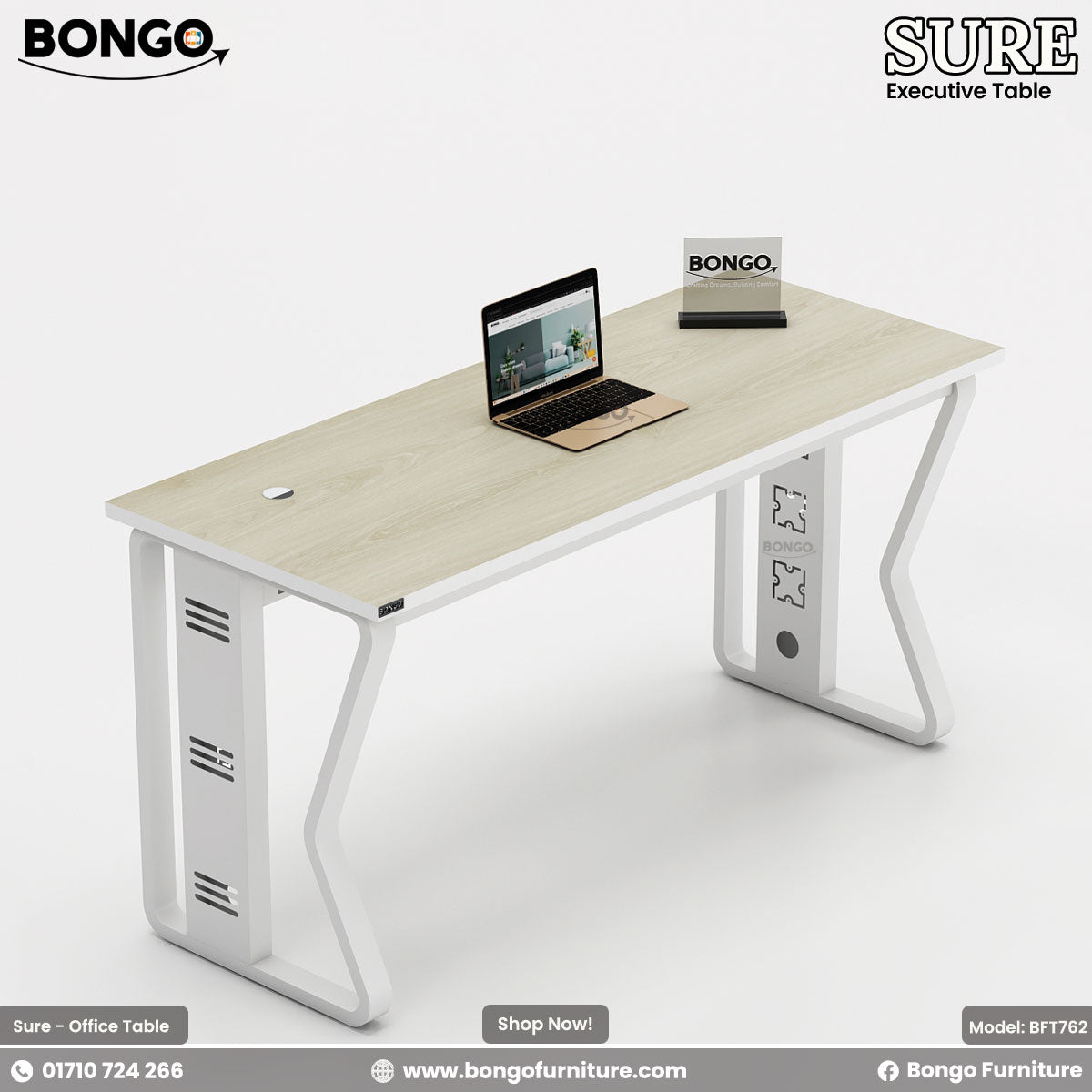 White office desk with a laptop on a white background, featuring Bongo Furniture branding.