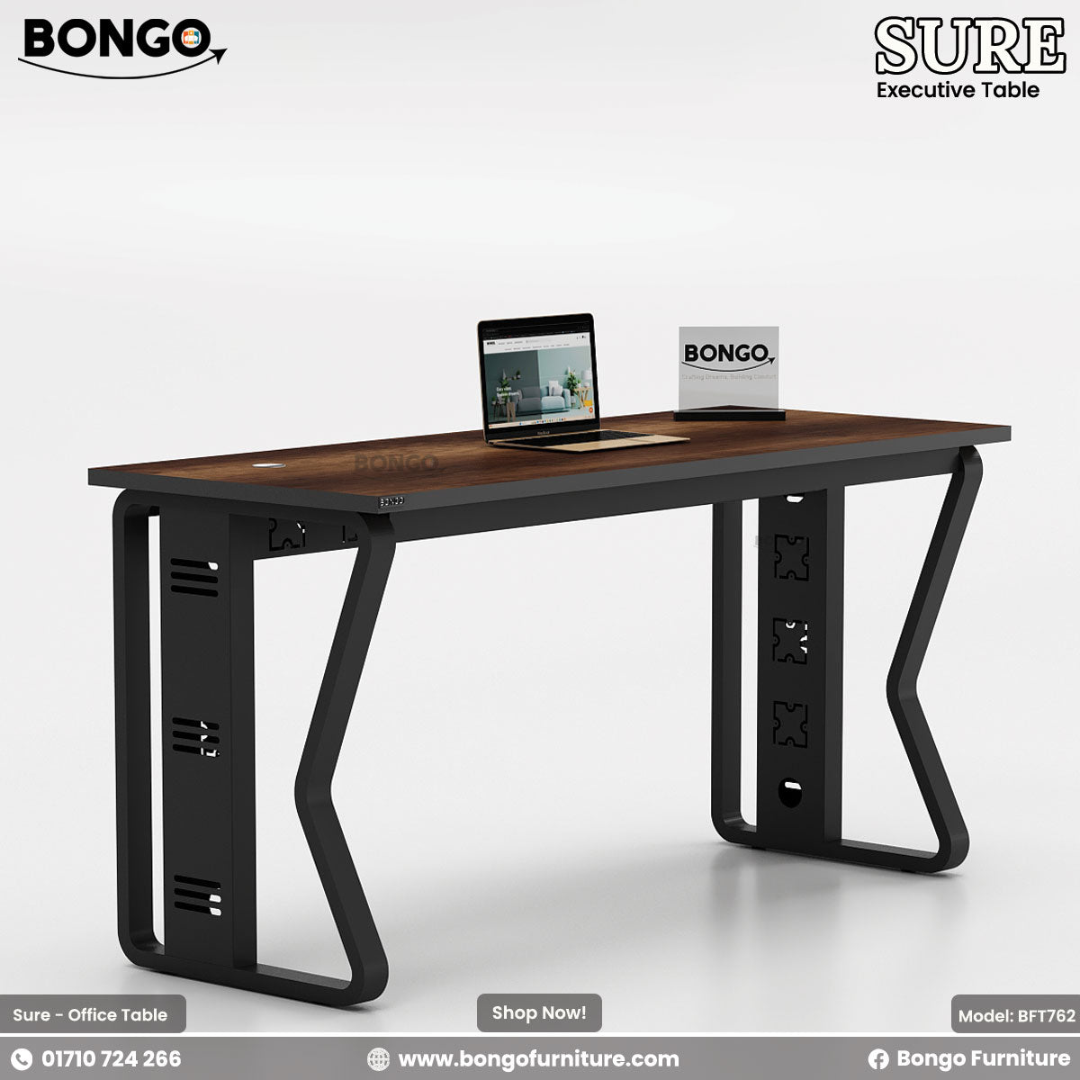 Water Resistant Strong Laminated Board desk with a laptop and Bongo branding on a white background