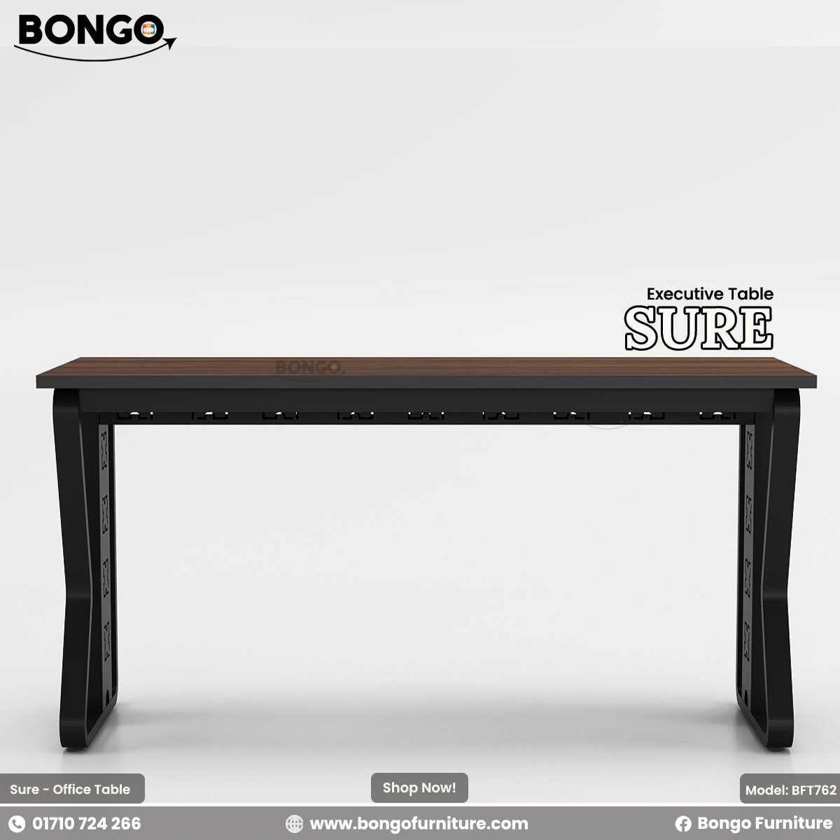 Black executive table with 'SURE' branding on a white background, featuring Bongo Furniture logo.