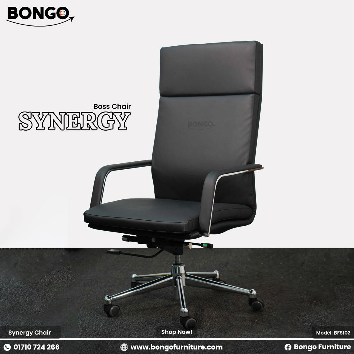 A promotional product image of the "SYNERGY Boss Chair," displaying two identical chairs from different angles against a studio background. The chair is a modern, high-back executive office chair upholstered in black leather-like material. It features sleek armrests with metallic accents and a five-star polished chrome base with caster wheels. The chair on the left provides a direct front view, while the chair on the right is shown at a three-quarter angle. The "BONGO" and "SYNERGY" brand names are in the t
