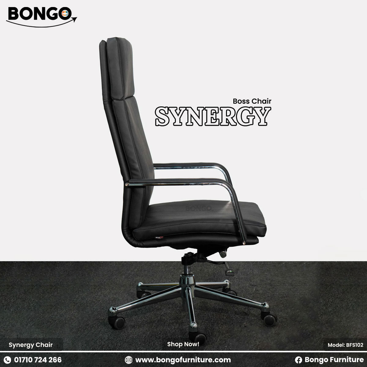 A promotional product image of the "SYNERGY Boss Chair," displaying two identical chairs from different angles against a studio background. The chair is a modern, high-back executive office chair upholstered in black leather-like material. It features sleek armrests with metallic accents and a five-star polished chrome base with caster wheels. The chair on the left provides a direct front view, while the chair on the right is shown at a three-quarter angle. The "BONGO" and "SYNERGY" brand names are in the t
