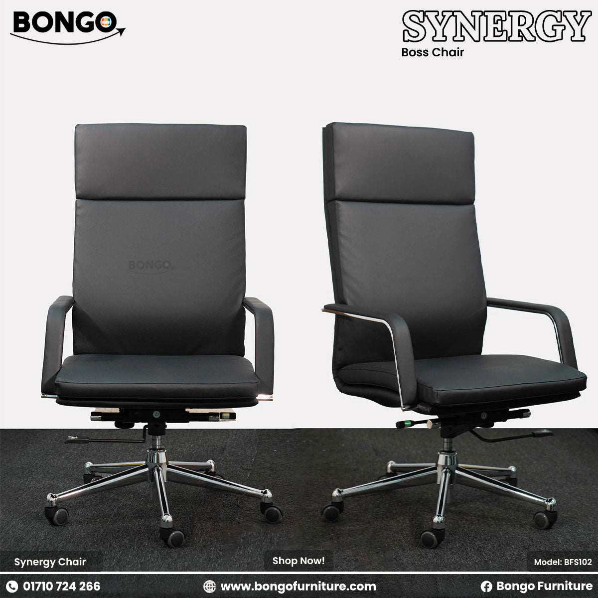 A promotional product image of the "SYNERGY Boss Chair," displaying two identical chairs from different angles against a studio background. The chair is a modern, high-back executive office chair upholstered in black leather-like material. It features sleek armrests with metallic accents and a five-star polished chrome base with caster wheels. The chair on the left provides a direct front view, while the chair on the right is shown at a three-quarter angle. The "BONGO" and "SYNERGY" brand names are in the t