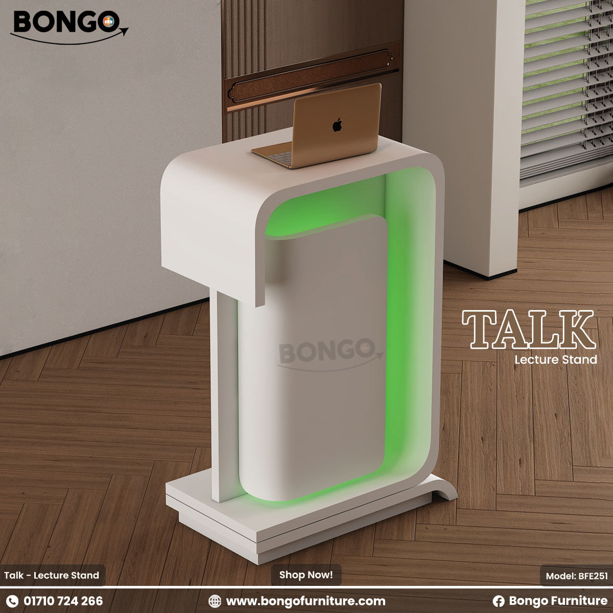 A promotional image of the 'TALK Lecture Stand' from BONGO. The modern, all-white lectern has a sleek, C-shaped design with rounded corners. The inner surface of the stand is illuminated with a bright green LED light. The lectern is shown on a wooden floor, with a laptop placed on its top.