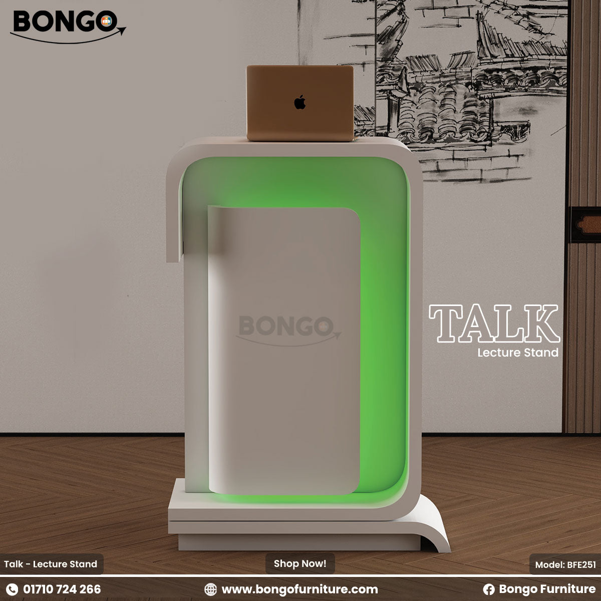 A sleek white and green lecture stand with built-in light, labeled with the brand BONGO and the product name TALK Lecture Stand.