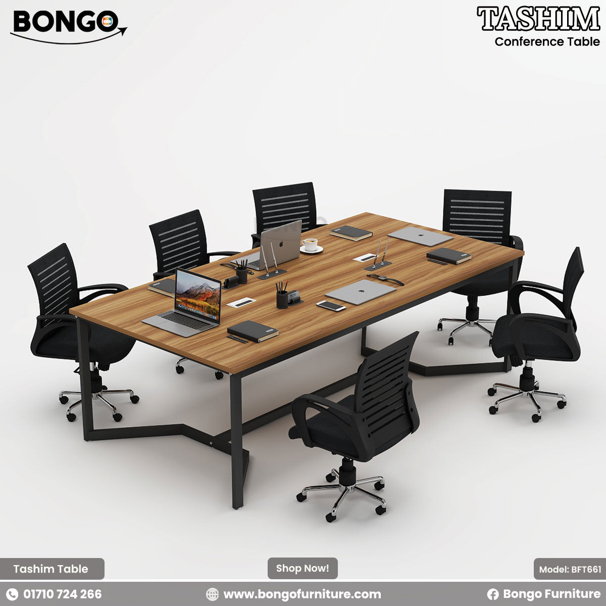 Conference table with chairs and electronic devices on a white background, featuring Bongo Furniture branding.