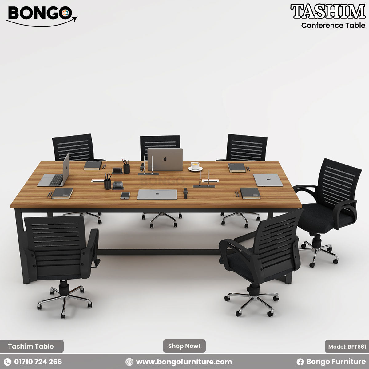 Conference table with chairs and laptops on a white background, featuring Bongo Furniture branding.