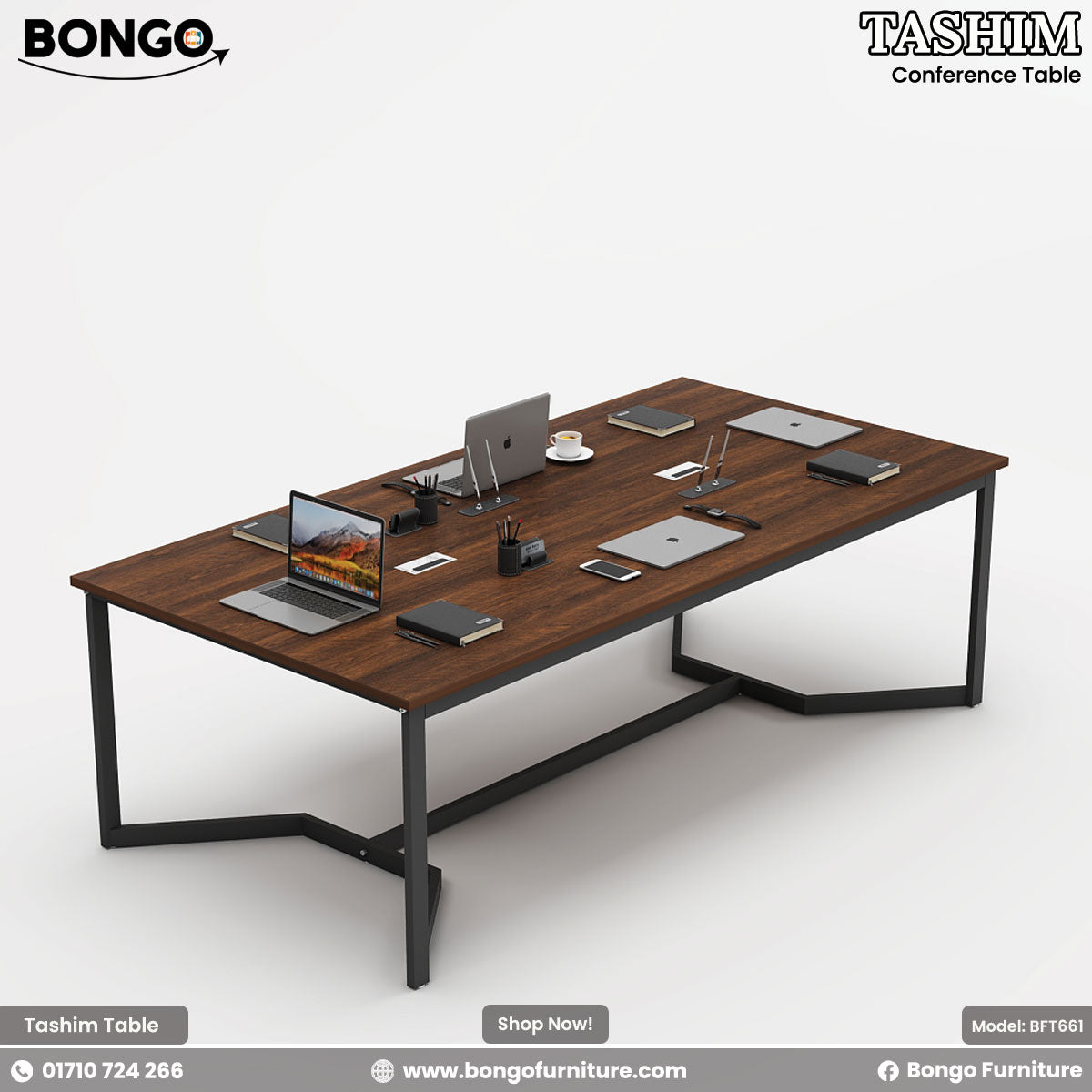 Water Resistant Strong Laminated Board conference table with electronic devices on a white background, featuring Bongo Furniture branding.