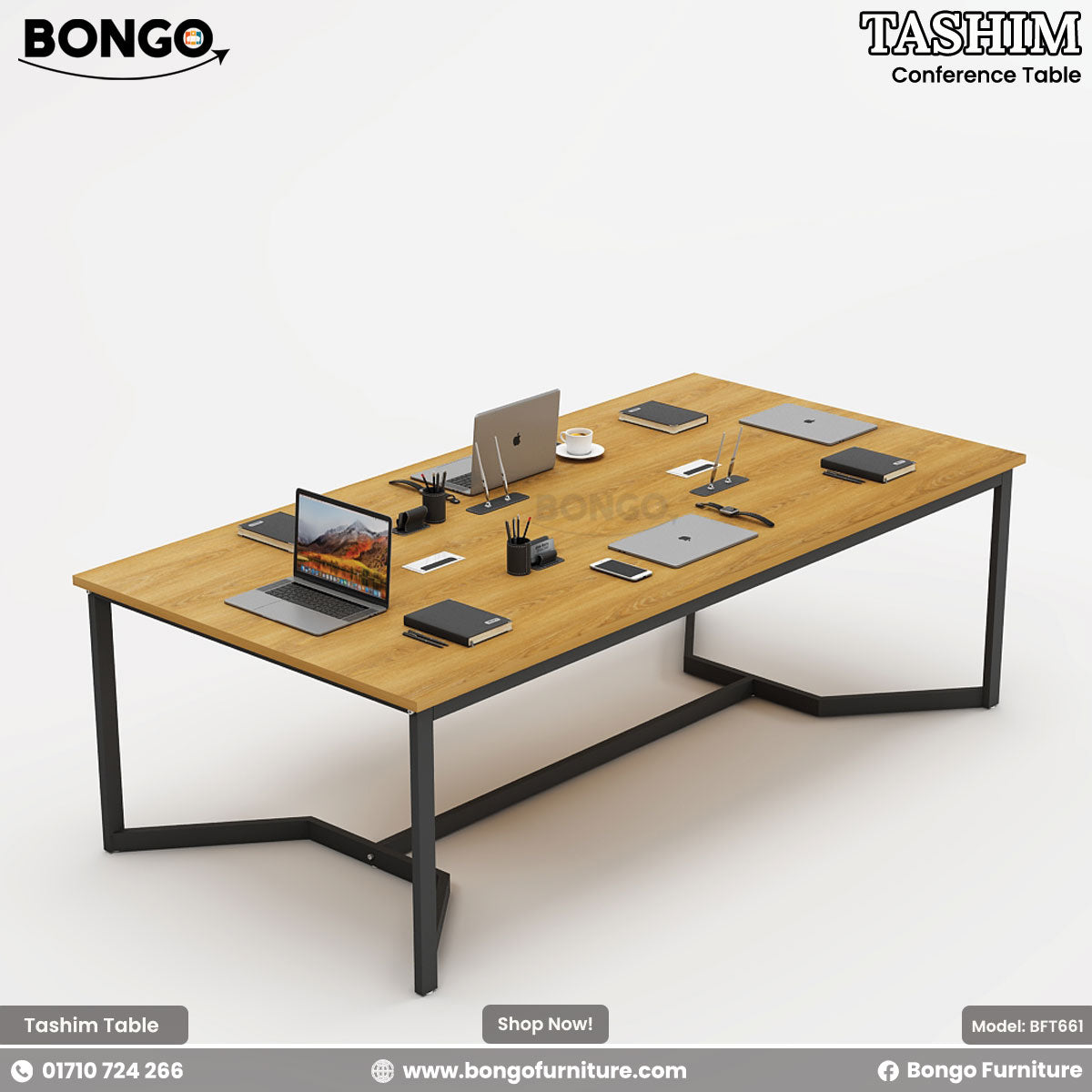 Water Resistant Strong Laminated Board conference table with electronic devices on a white background, featuring Bongo Furniture branding.