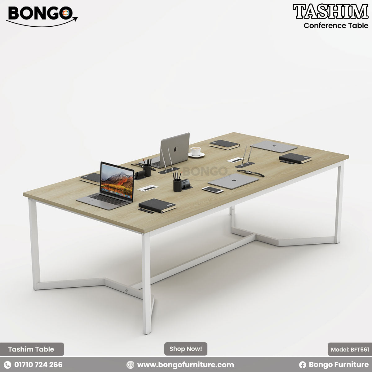 Bongo Tashim conference table with multiple laptops and office supplies on a white background