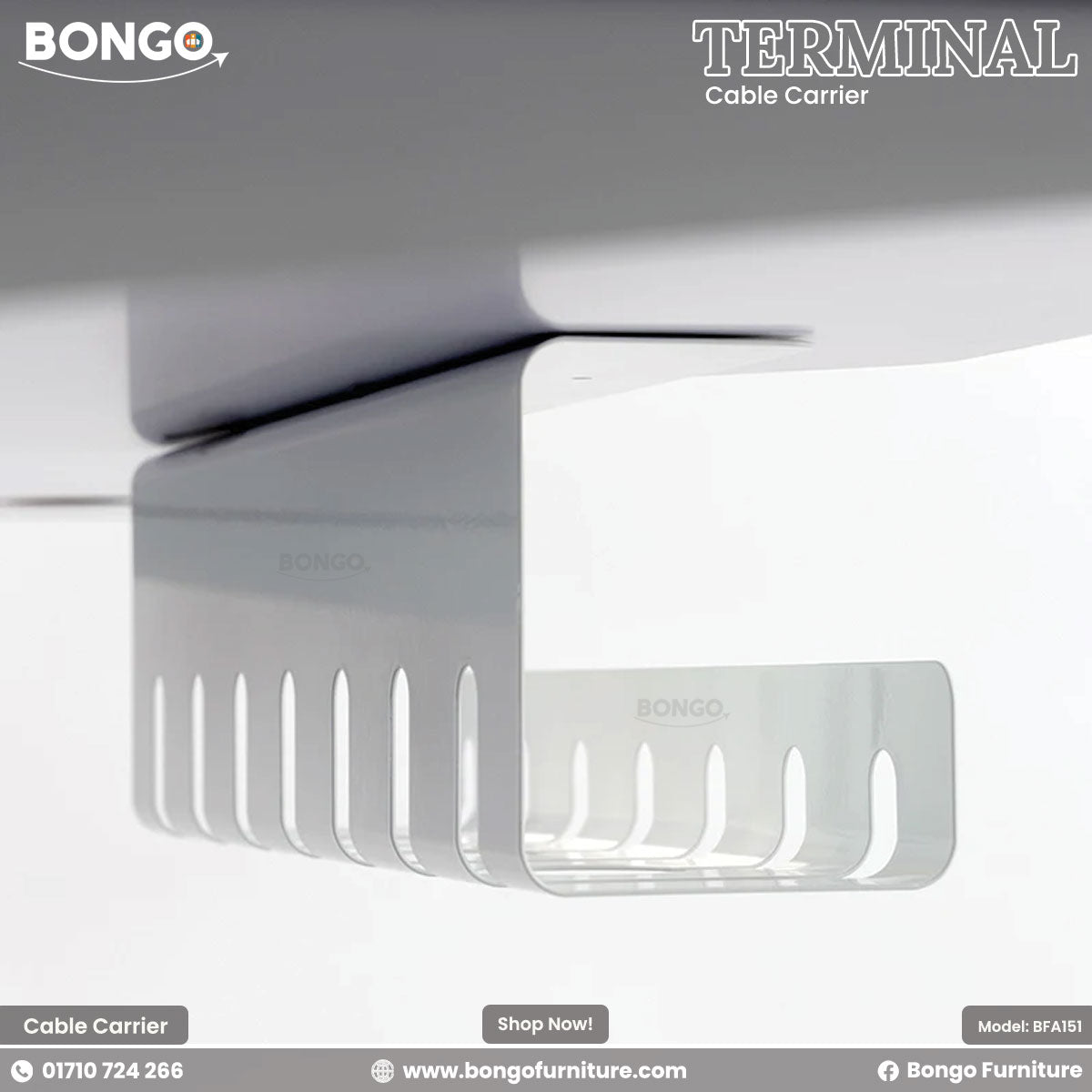 A close-up product shot of a matte White, metal under-desk cable carrier, branded "TERMINAL". The U-shaped organizer is mounted to the underside of a white desk and features vertical slots for organizing wires. The "BONGO" brand logo is in the top-left corner.