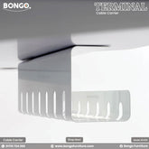 A close-up product shot of a matte White, metal under-desk cable carrier, branded "TERMINAL". The U-shaped organizer is mounted to the underside of a white desk and features vertical slots for organizing wires. The "BONGO" brand logo is in the top-left corner.