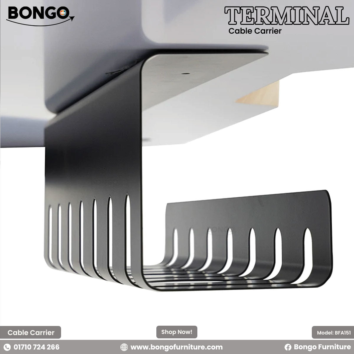 A close-up product shot of a matte black, metal under-desk cable carrier, branded "TERMINAL". The U-shaped organizer is mounted to the underside of a white desk and features vertical slots for organizing wires. The "BONGO" brand logo is in the top-left corner.