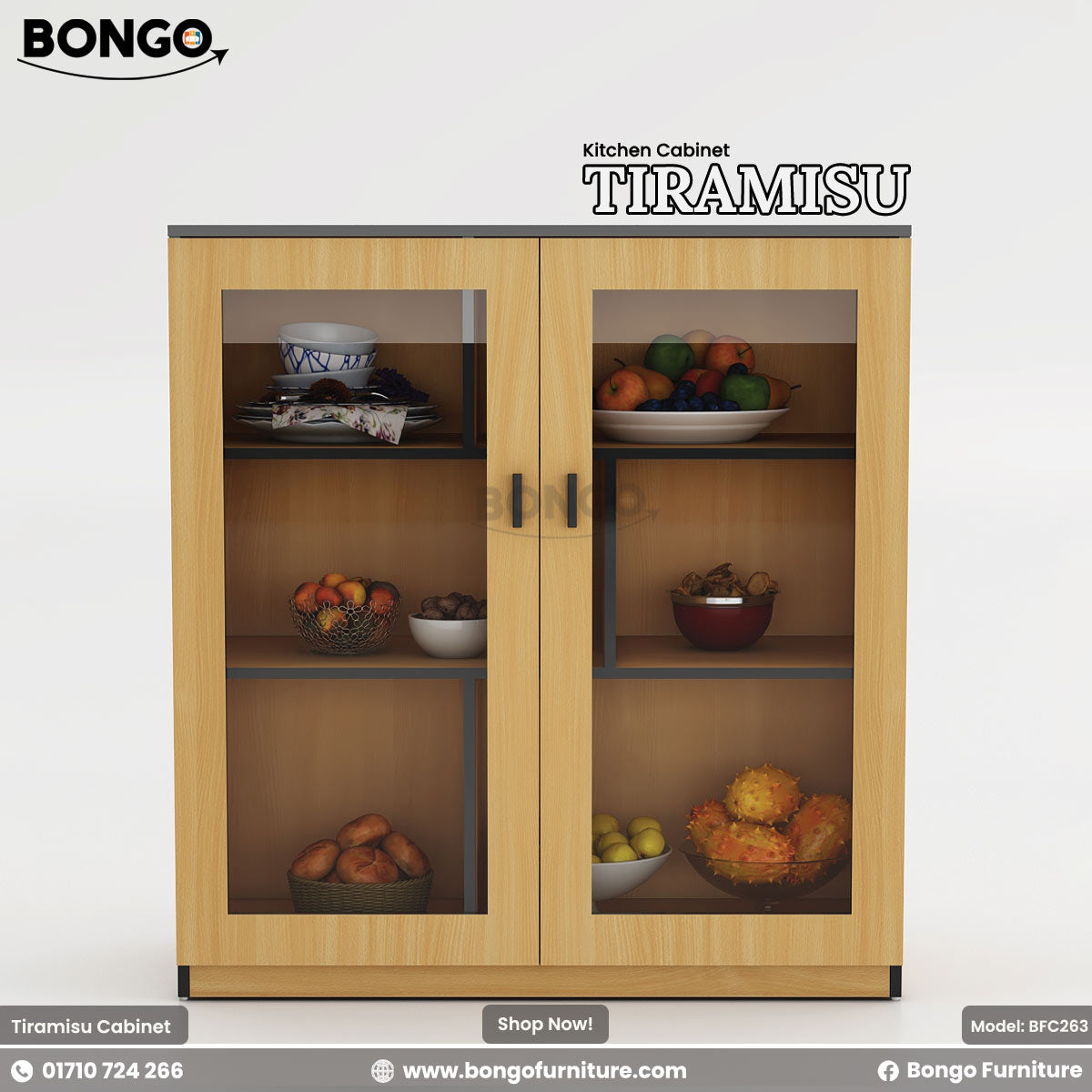 A kitchen cabinet with glass-paneled doors featuring items organized inside, with a Water Resistant Strong Laminated Board body and a white kitchen countertop.