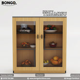 A kitchen cabinet with glass-paneled doors featuring items organized inside, with a Water Resistant Strong Laminated Board body and a white kitchen countertop.